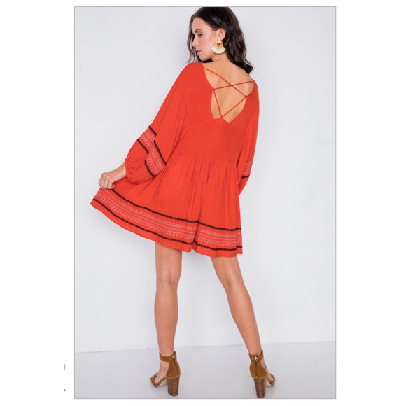 Dusty Red Embroidery Long Sleeve Boho Mini Dress - Picture 2 of 5